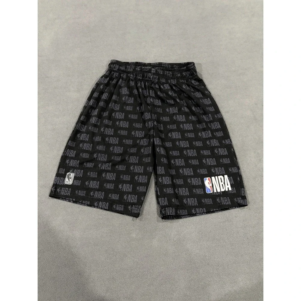 NBA Basketball Shorts Boys L (14-16) Gray Black Logo Allover Print Drawstring